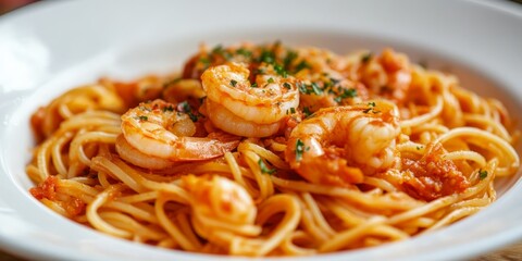 Aufkleber - Tasty pasta featuring shrimp complemented by a rich tomato sauce, creating a delightful and flavorful dish that combines the best of both ingredients for a satisfying meal.