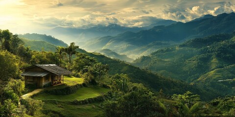 Poster - Stunning mountain view showcasing nature s beauty, featuring lush green landscapes and a charming small house, perfect for capturing the essence of peaceful mountain living and natural tranquility.