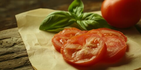 Poster - Chopped tomatoes paired with fresh basil leaf displayed alongside blank paper create a vibrant and appealing composition, perfect for showcasing the delightful essence of these ingredients.
