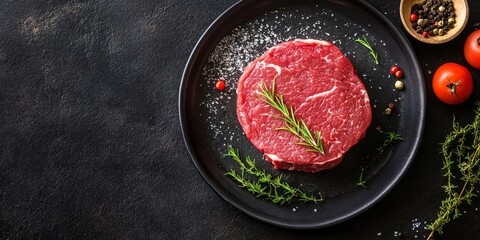Aufkleber - Raw beef fillet steak displayed on a kitchen table, showcasing the freshness and quality of the beef meat. Top view captures the details of the raw beef fillet steak beautifully.