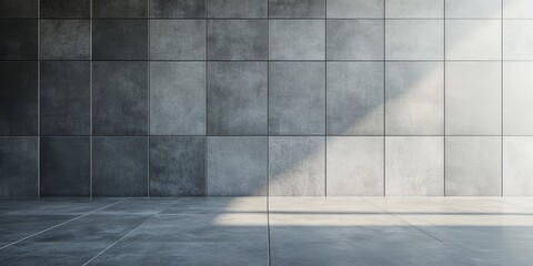 Poster - Background featuring a gray tile wall combined with a hard gray floor, creating a uniform and cohesive gray aesthetic throughout the space.