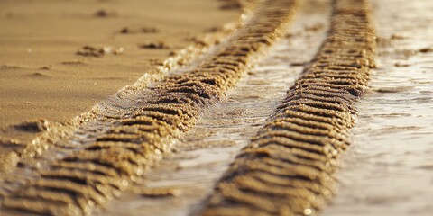 Poster - Tire track on wet sand creates an abstract background texture that showcases the unique patterns formed by the tire track on the smooth surface of wet sand. Enjoy the aesthetic of this tire track.