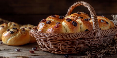 Poster - Freshly baked bread adorned with dried fruits rests elegantly on a rustic table. Savory buns complement the scene as they lie together in a charming basket, highlighting the theme of freshly baked