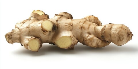 Poster - Closeup of a ginger bulb showcased against a white background, highlighting the unique texture and vibrant appearance of the ginger bulb, ideal for culinary and health related themes.