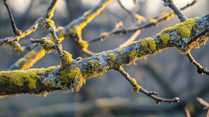 Fototapete - Winter Bare Branches Adorned with Moss, A close up view showcasing the beauty of bare branches covered in moss during the winter season, highlighting the unique textures and serene atmosphere.