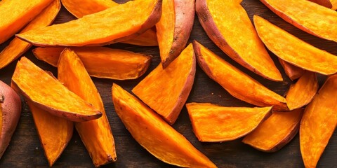 Aufkleber - Delicious portion of fresh baked sweet potato wedges ideal for a healthy snack. Enjoy these crispy sweet potato wedges packed with flavor and nutrition for any meal or gathering.