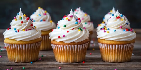 Leinwandbilder - Gourmet cupcakes adorned with white buttercream frosting and colorful sprinkles set on a rustic wooden backdrop, showcasing a delightful array of gourmet cupcakes perfect for any celebration.