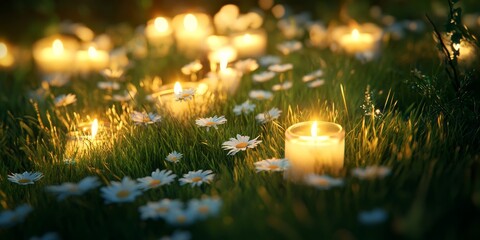 Aufkleber - Daisies adorn the vibrant green grass, creating a beautiful scene with candles, where the enchanting daisies and soft glow of candles enhance the natural beauty of the grass.