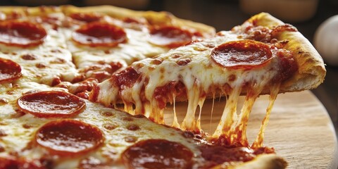 Poster - Tasty, oven baked pizza featuring rich tomato sauce and gooey melted cheese, freshly prepared for an irresistible flavor experience.