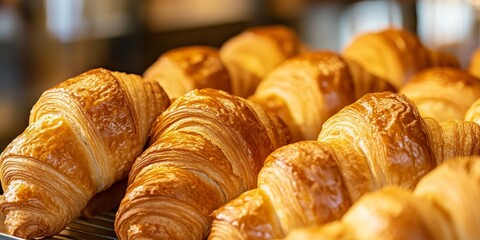 Poster - A detailed closeup of freshly baked croissants displayed for sale, featuring a beautifully blurred background that highlights the golden croissants texture and appeal. Perfect for showcasing