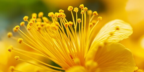 Poster - Close up shot of yellow flower stamen, highlighting the intricate details and vibrant colors of the yellow flower stamen in nature. This image captures the beauty of yellow flower stamen beautifully.