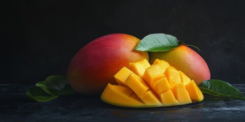 Poster - Fresh, cut mangoes showcased against a dark background highlight the vibrant color and texture of these delicious mangoes, emphasizing their appeal in culinary presentations and photography.