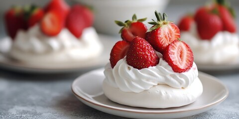 Poster - Delightful mini pavlova dessert topped with fresh strawberries, this sweet mini pavlova is a perfect indulgence for any occasion, celebrating the delightful flavors of sweet mini pavlova.