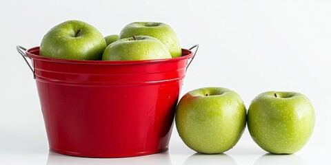 Poster - Vibrant green apples placed beside a red bucket, creating a striking visual contrast against a clean white background, showcasing the beauty of green apples and their appeal.