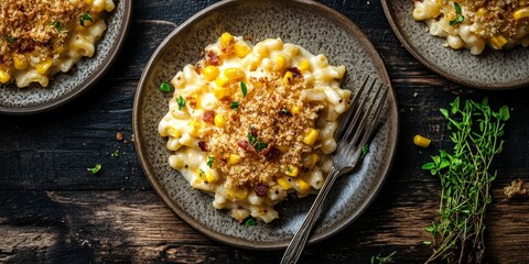 Aufkleber - Delicious mac and cheese with corn, bacon, and crispy panko breadcrumbs served on plates alongside a fork, beautifully arranged on a dark wooden table for an appealing vertical close up view.