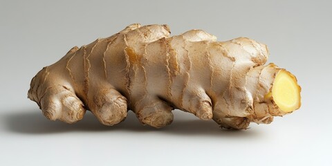 Poster - Closeup of a ginger bulb showcased against a white background, highlighting the unique texture and vibrant appearance of the ginger bulb, ideal for culinary and health related themes.