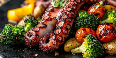 Poster - Grilled octopus tentacle served with vibrant broccoli, cherry tomatoes, and roasted baby potatoes. A close up view highlighting the delicious grilled octopus tentacle and accompanying sides.