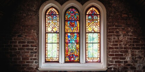 Poster - A stained glass window features vibrant colors and intricate designs, framed by white trim on the windowsills, set against a rustic brick wall that enhances the beauty of the stained glass window.