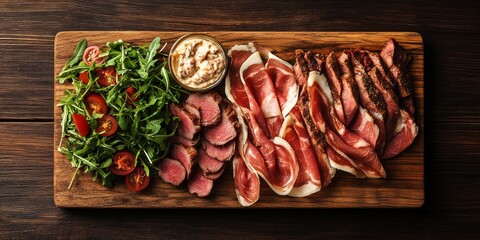 Poster - Modern style traditional lunch meat featuring sliced cold cuts, including roast beef, complemented by rocket salad and remoulade, beautifully arranged in a top view on a wooden board.