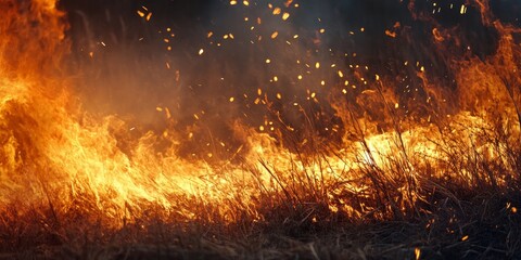 Aufkleber - Fire dancing through dry grass creates a mesmerizing scene. Witness the intensity of fire as it engulfs the dry grass in big flames, showcasing the raw power of fire in full screen.