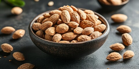 Poster - Salted fried almonds served in a bowl alongside almond nuts still in their shells create a delightful display of tasty salted fried almonds and natural almond delights.