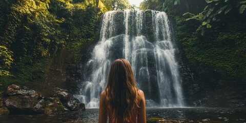 Aufkleber - A girl stands in front of a stunning waterfall, capturing the essence of nature s beauty. This waterfall makes for a perfect backdrop, showcasing the allure of natural landscapes.