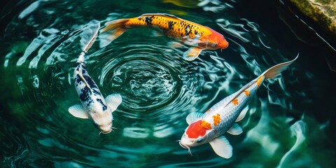 Aufkleber - Chartreuse water gently ripples and reflects filtered light rays, while Koi gracefully showcase their vibrant colors, intricate patterns, and stunning designs in the serene aquatic environment.