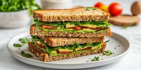 Poster - Avocado sandwiches layered with grain bread, beautifully presented on a white plate, offer a healthy and delicious option for sandwich lovers. Enjoy the vibrant flavors of avocado sandwiches.