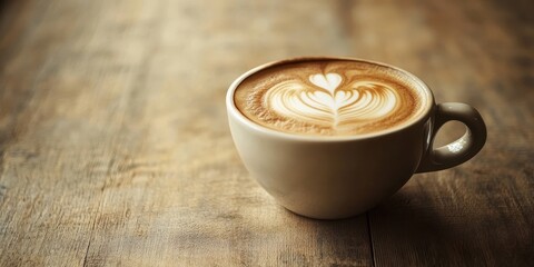 Poster - Vintage style cup of coffee placed on a wood table. The cup features cappuccino with beautiful latte art, showcasing the charm of a cozy coffee experience on a wooden surface.