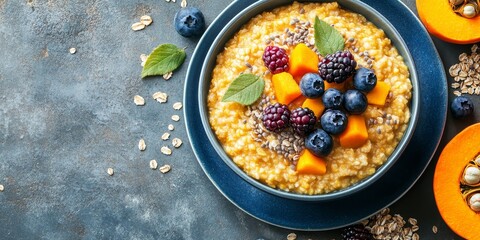 Poster - Millet porridge with pumpkin and berries served in a bowl on the table, perfect for baby food. This healthy breakfast option features millet porridge, offering a nutritious meal. Top view with copy