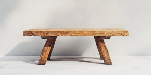 Fototapete - Wooden table set against a white background featuring a subtle vignette effect, highlighting the texture and craftsmanship of the wooden table in an elegant presentation.
