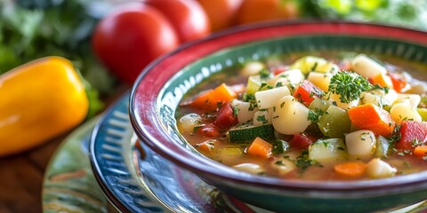 Aufkleber - A vibrant plate of vegetable soup displayed on a table, showcasing a colorful array of fresh vegetables in a delicious bowl of vegetable soup, perfect for a healthy meal.