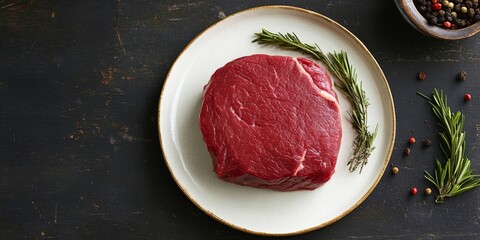 Aufkleber - Raw beef fillet steak displayed on a kitchen table, showcasing the freshness and quality of the beef meat. Top view captures the details of the raw beef fillet steak beautifully.