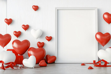 Wall Mural - Beautifully decorated Valentine's Day, framed poster blank, storefront with heart-shaped balloons, red ribbons and glowing lights, romantic atmosphere, mockup	