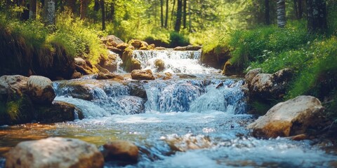 Poster - A river cascades over stones within a wooded area, creating a beautiful display of water flowing down the rocky surface amidst the serene forest surroundings.