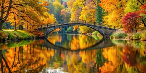 Wall Mural - Autumnal bridge over serene river with vibrant foliage reflected in water ,  bridge, fall, autumn, colorful, foliage, reflection