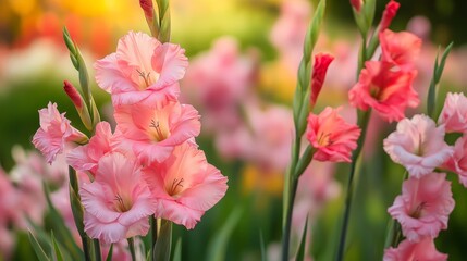 Aufkleber - Vibrant and beautiful pink gladiolus flourish in a garden, showcasing their striking colors with spring blooming flowers perfect for enhancing any floral scene and garden imagery.