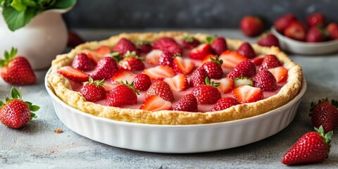 Poster - Delicious shortcrust pastry paired with fresh strawberries creates the perfect strawberry cake, ideal for a delightful summer breakfast featuring strawberries in every bite.