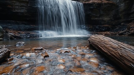 Poster - Majestic waterfall flowing gracefully, surrounded by fallen logs creating a serene and natural atmosphere, showcasing the beauty of flowing water in a tranquil setting with captivating views.