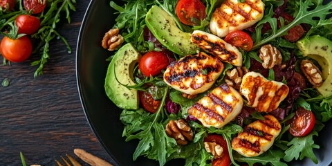 Aufkleber - Greek style cuisine featuring a vibrant salad of grilled halloumi cheese, creamy avocado, crunchy pecan nuts, and fresh tomatoes, celebrating the essence of Greek style cuisine.