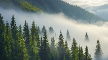 Poster - Fog and low clouds envelop the mountainside, creating a mystical atmosphere among the towering pine trees. This scene of fog and low clouds enhances the beauty of the serene mountain landscape.