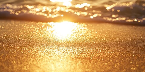 Aufkleber - The beach sand sparkles under the warm glow of the morning sun, creating a shimmering and radiant scene that captures the beauty of the early day.