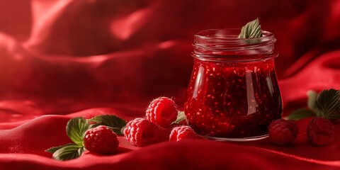 Poster - A glass jar filled with homemade raspberry jam is placed on a red fabric backdrop, showcasing the vibrant color and inviting appearance of the delicious jam.