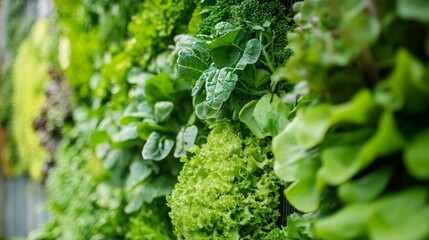 Vertical garden featuring a vibrant green vegetable wall, showcasing a lush assortment of greens. This vertical garden of fresh vegetables highlights the beauty of sustainable gardening.