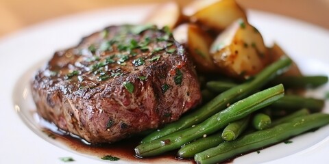 Poster - Delicious boar steak served with fresh green beans and hearty potatoes, creating a perfect combination of flavors in this boar steak dish that is sure to delight your taste buds.