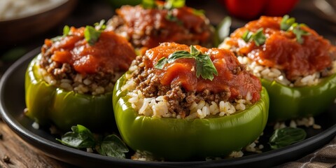 Aufkleber - Stuffed green bell peppers filled with a savory mixture of ground beef, rice, and tomato sauce, showcasing the vibrant colors and delicious flavors of green bell peppers.