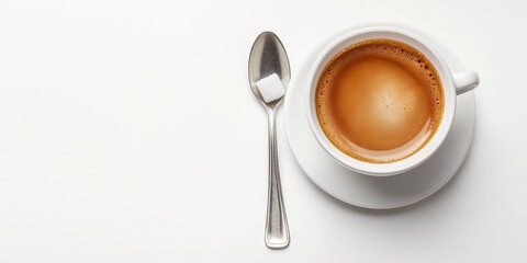 Poster - Cup of coffee served with a spoon and sugar, beautifully isolated on a clean white background, perfect for showcasing the rich essence of coffee culture and enjoyment.