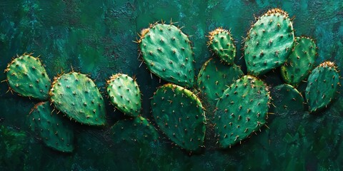 Poster - Textured background featuring the vibrant, green surface of a prickly pear cactus, showcasing its distinct, spiky appearance and rich color. Cactus texture highlighted.