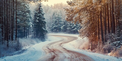 Poster - Winding road through a serene winter forest, showcasing the beauty of nature in a snowy landscape with tall trees lining the snow covered road in a tranquil scene of the winter forest.