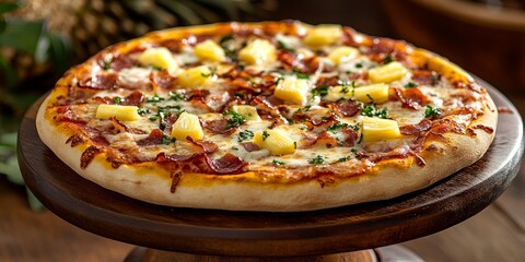 Poster - Delicious pizza featuring cheese, bacon slices, pineapple, and tomato sauce presented on a wooden stand against a rich brown wooden background, showcasing the enticing qualities of pizza.